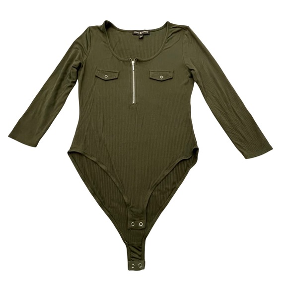 Almost Famous Olive Green Long Sleeve Bodysuit Ribbed Zipper Snap Women's L - Picture 1 of 9